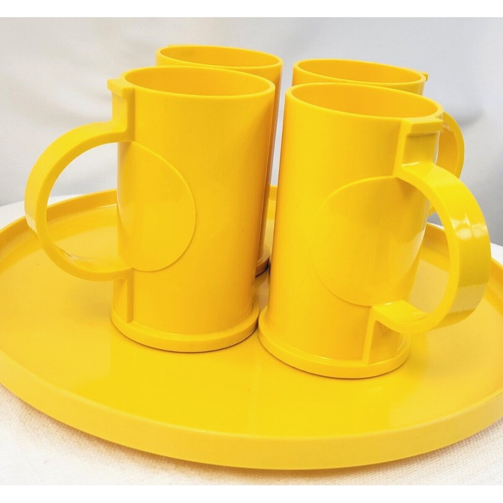 Vintage sunny yellow melamine‎ Heller stacking round tray & Dansk mugs cups